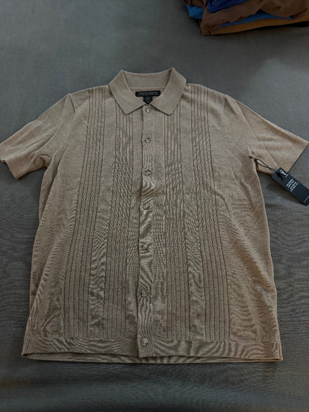Christian Lacroix Men’s 100% EF Merino Wool Button-Front Knit Polo Medium Beige